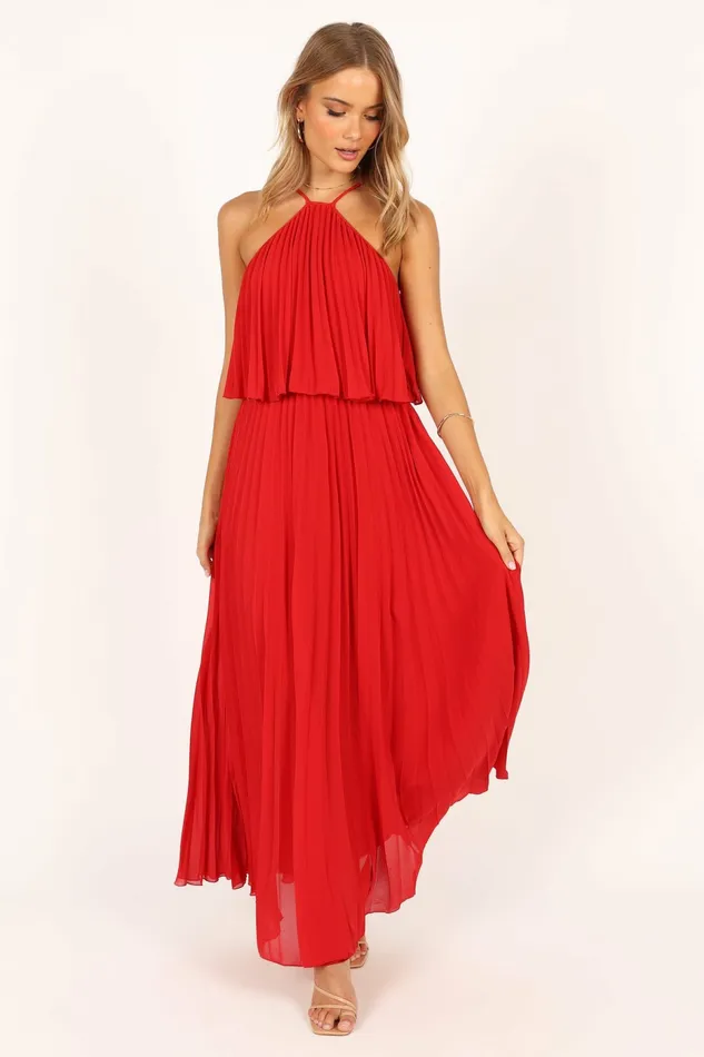Women Event Dresses Petal and Pup Gia Pleated Halterneck Maxi Dress Red