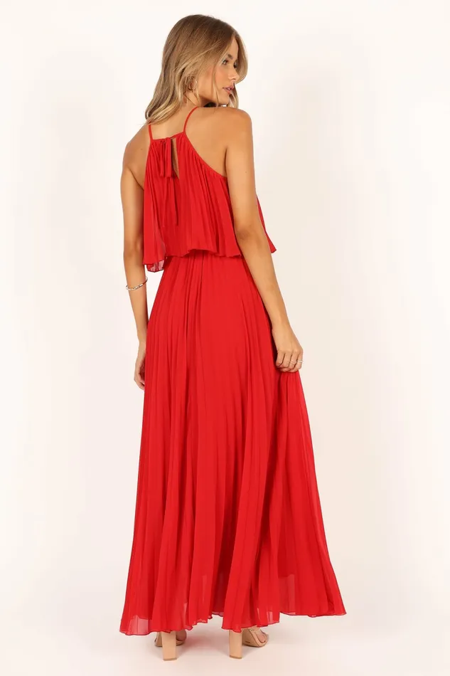 Women Event Dresses Petal and Pup Gia Pleated Halterneck Maxi Dress Red