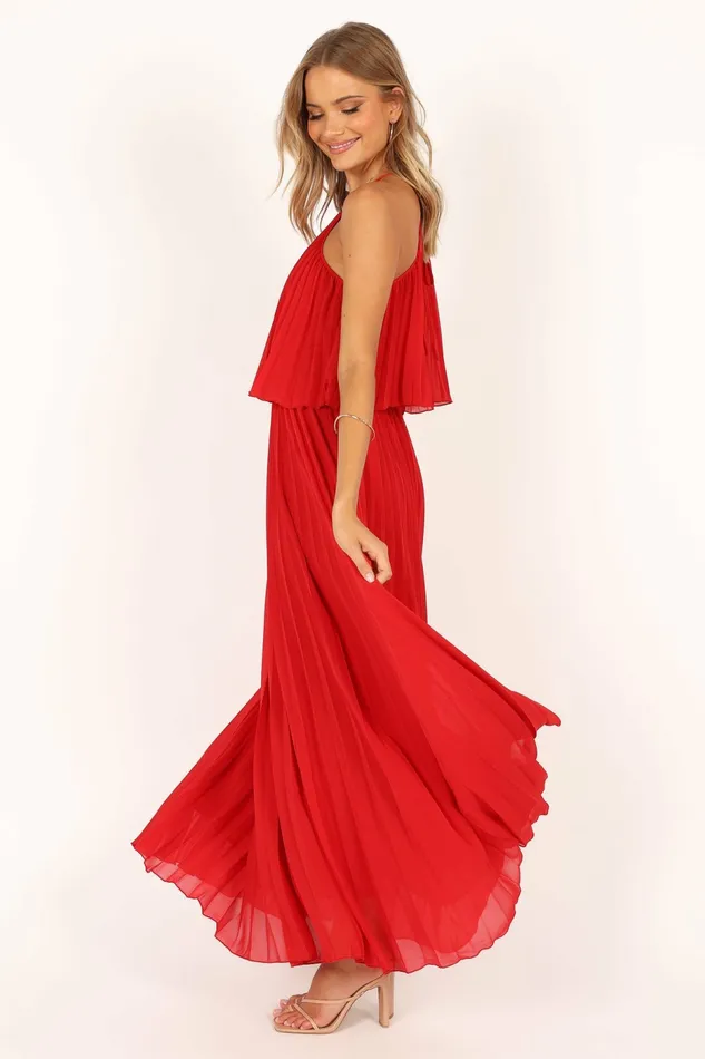 Women Event Dresses Petal and Pup Gia Pleated Halterneck Maxi Dress Red