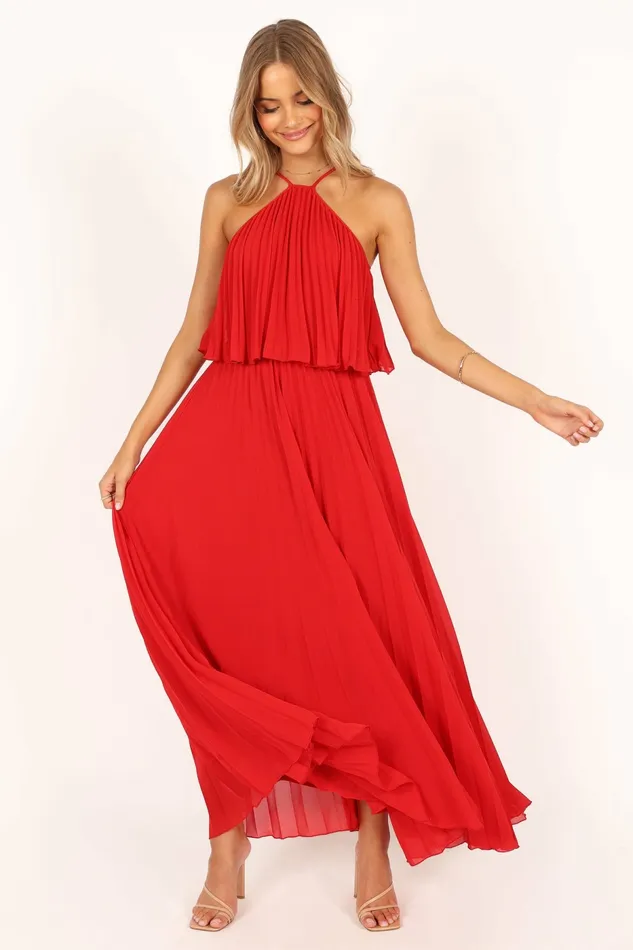 Women Event Dresses Petal and Pup Gia Pleated Halterneck Maxi Dress Red