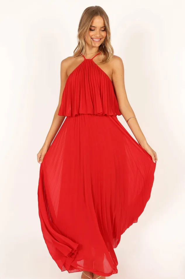 Women Event Dresses Petal and Pup Gia Pleated Halterneck Maxi Dress Red