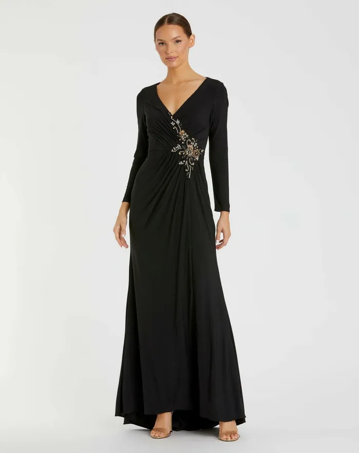 Women Faux Wrap Long Sleeve Gown w Appliqu Detail Black Best Sellers Mac Duggal Women Faux Wrap Long Sleeve Gown w Appliqu Detail Black Best Sellers Mac Duggal