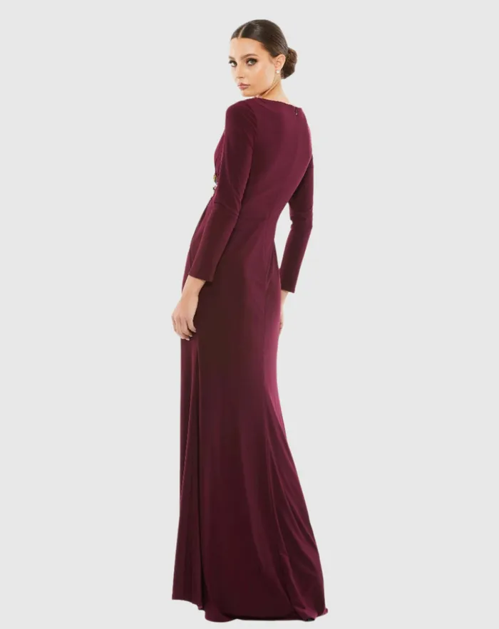 Women Faux Wrap Long Sleeve Gown w Appliqu Detail Black Best Sellers Mac Duggal Women Faux Wrap Long Sleeve Gown w Appliqu Detail Black Best Sellers Mac Duggal
