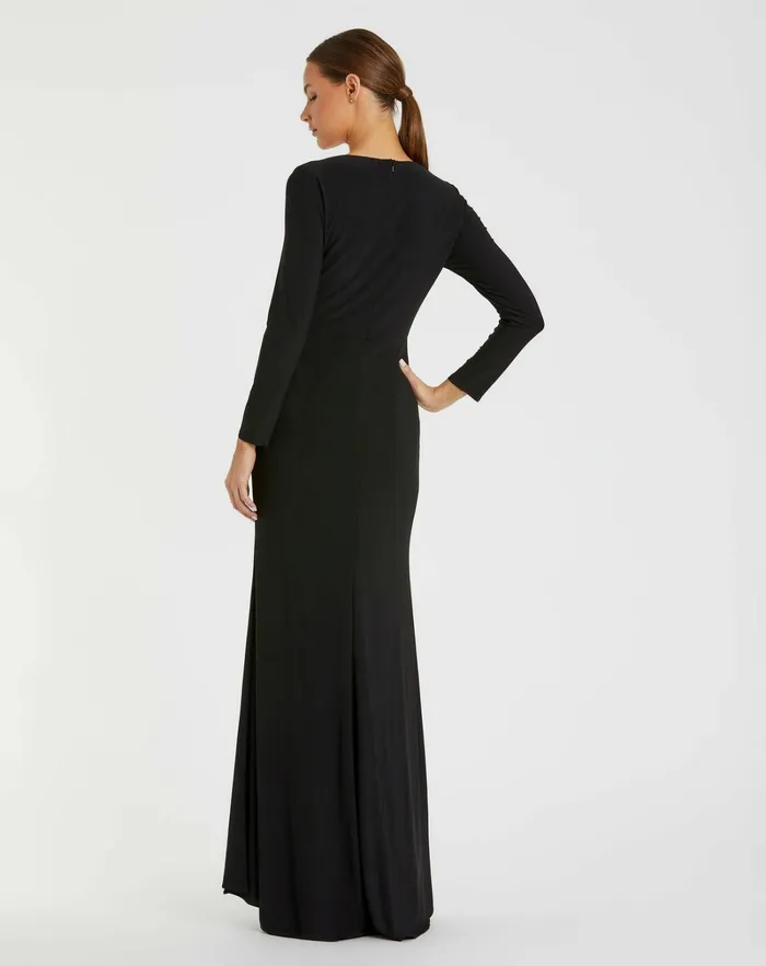 Women Faux Wrap Long Sleeve Gown w Appliqu Detail Black Best Sellers Mac Duggal Women Faux Wrap Long Sleeve Gown w Appliqu Detail Black Best Sellers Mac Duggal
