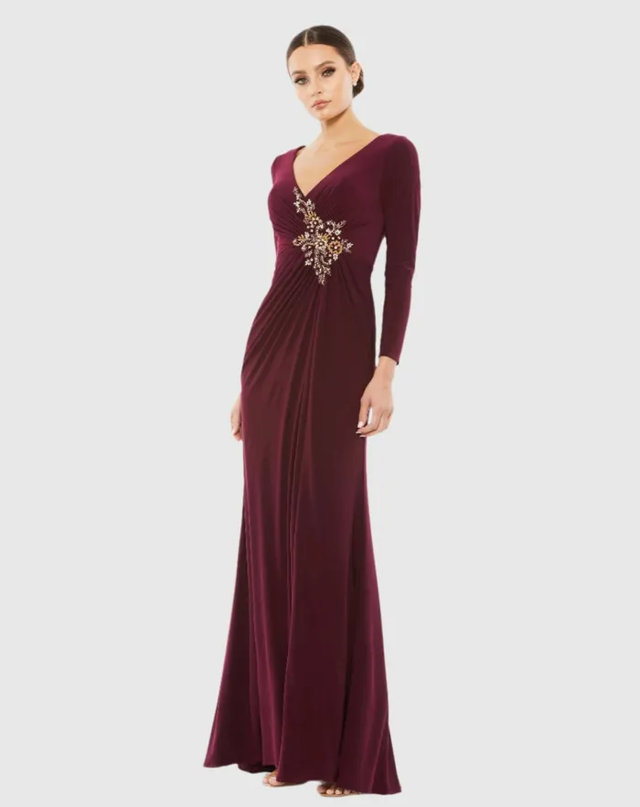 Women Faux Wrap Long Sleeve Gown w Appliqu Detail Black Best Sellers Mac Duggal Women Faux Wrap Long Sleeve Gown w Appliqu Detail Black Best Sellers Mac Duggal