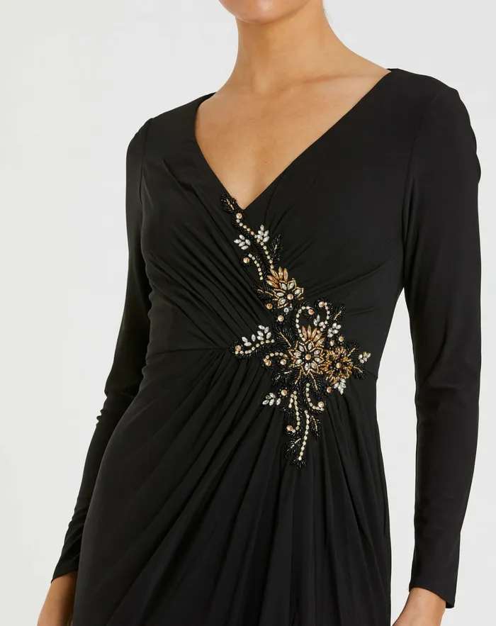 Women Faux Wrap Long Sleeve Gown w Appliqu Detail Black Best Sellers Mac Duggal Women Faux Wrap Long Sleeve Gown w Appliqu Detail Black Best Sellers Mac Duggal
