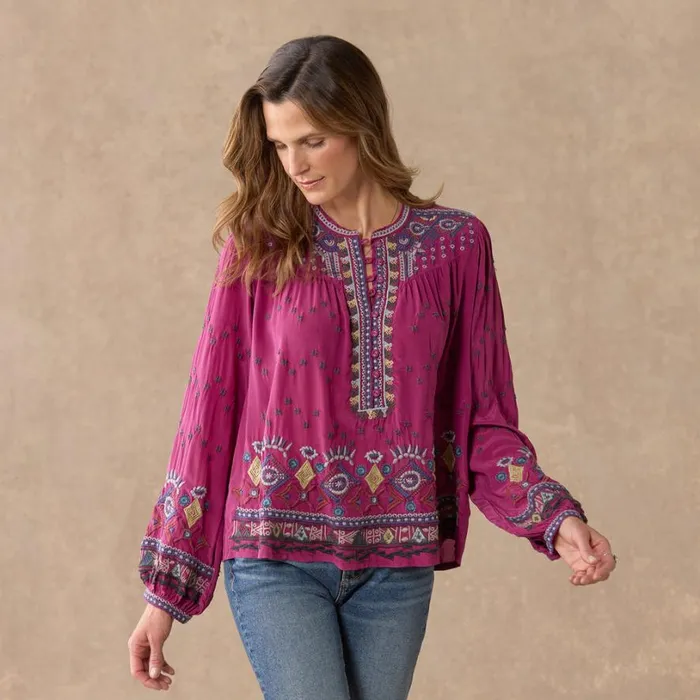 Women Forest Fern Top Rose Wine Sundance Catalog Tops