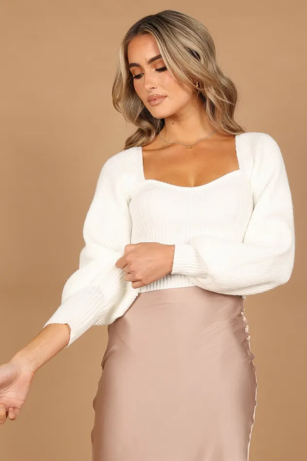 Women Gia Sweetheart Neck Bell Sleeve Knit Sweater White Sweaters Petal and Pup