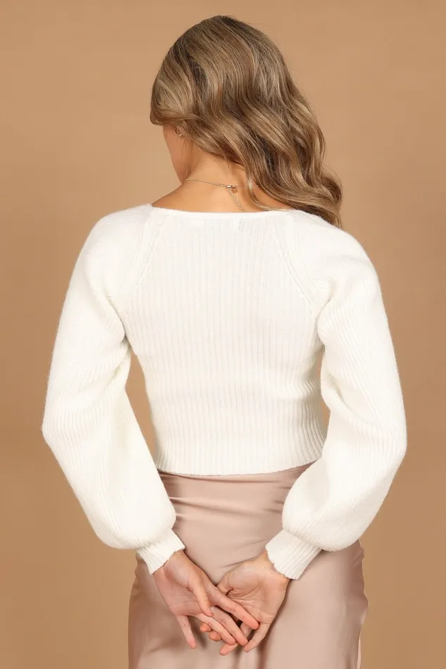 Women Gia Sweetheart Neck Bell Sleeve Knit Sweater White Sweaters Petal and Pup