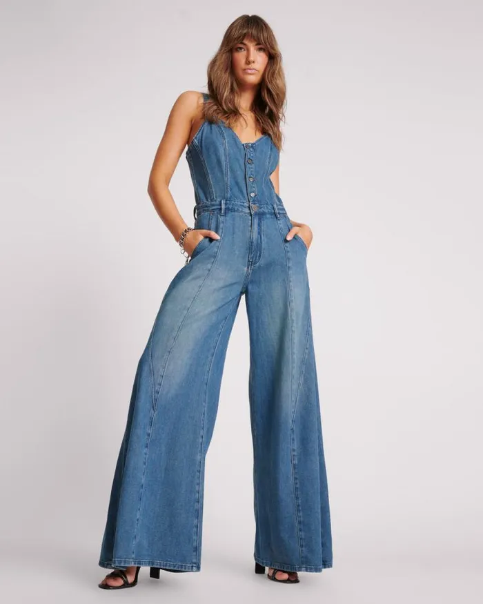 Women GRITTY BLUE FREIDA FIT N FLARE DENIM JUMPSUIT One Teaspoon Denim Jumpsuits