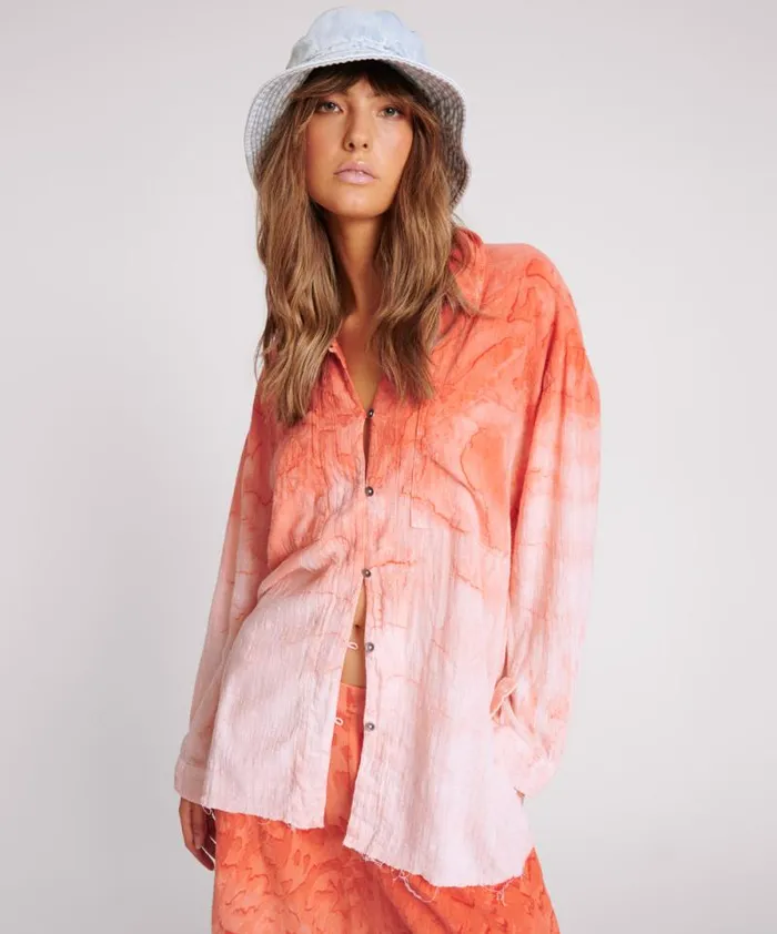 Women HAND PAINTED SUNSET MUSLIN LONGLINE SHIRT One Teaspoon Shirts