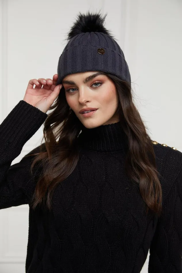 Women Hats and Headbands Holland Cooper Rib Bobble Hat Grey