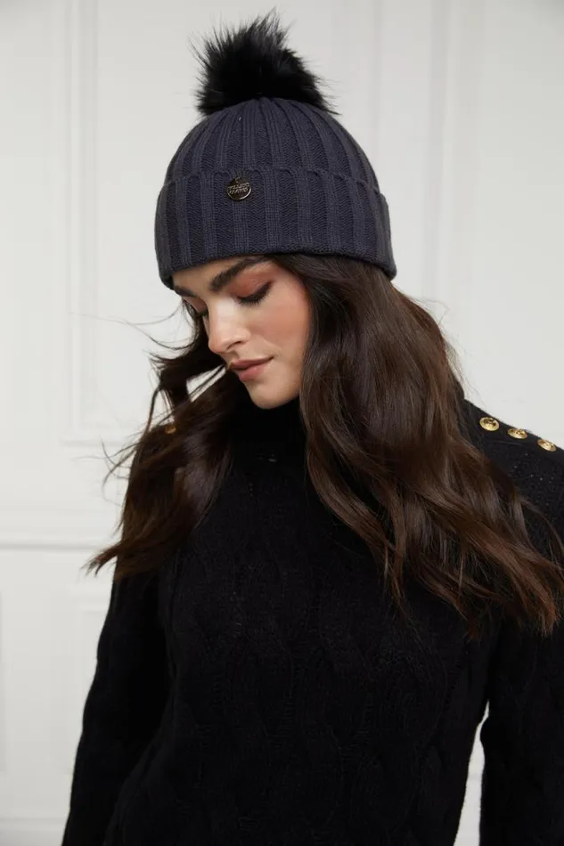 Women Hats and Headbands Holland Cooper Rib Bobble Hat Grey