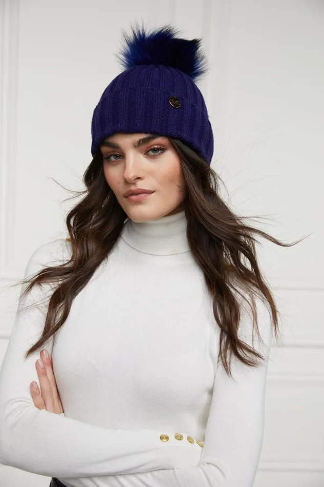 Women Hats and Headbands Holland Cooper Rib Bobble Hat Ink Navy