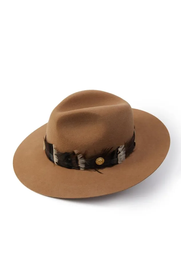 Women Hats and Headbands Holland Cooper Trilby Hat Iridescent Feather Band Camel