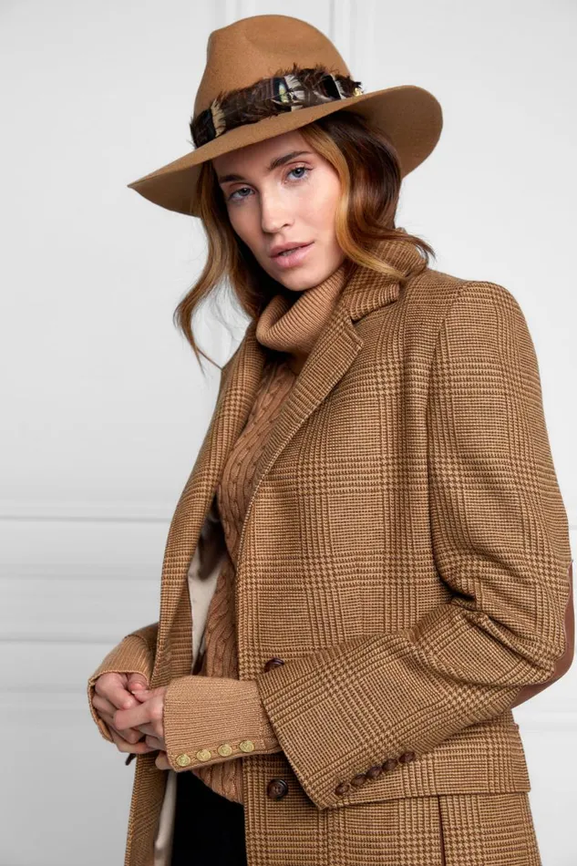 Women Hats and Headbands Holland Cooper Trilby Hat Iridescent Feather Band Camel