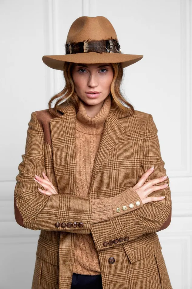 Women Hats and Headbands Holland Cooper Trilby Hat Iridescent Feather Band Camel