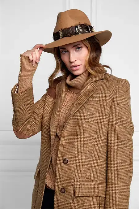 Women Hats and Headbands Holland Cooper Trilby Hat Iridescent Feather Band Camel