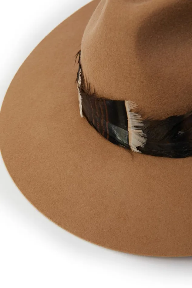 Women Hats and Headbands Holland Cooper Trilby Hat Iridescent Feather Band Camel