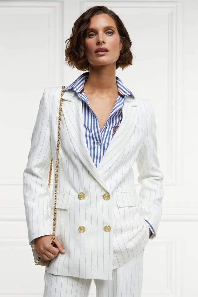 Women In Stock Tailoring Holland Cooper Double Breasted Blazer Oyster Linen Pinstripe