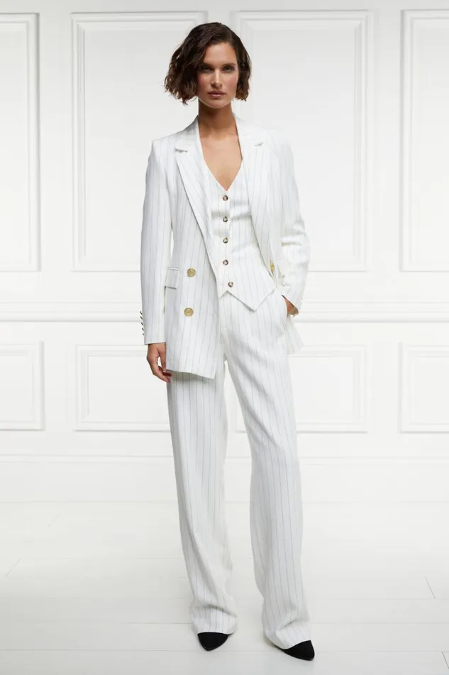 Women In Stock Tailoring Holland Cooper Double Breasted Blazer Oyster Linen Pinstripe