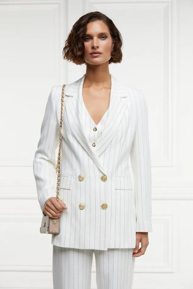Women In Stock Tailoring Holland Cooper Double Breasted Blazer Oyster Linen Pinstripe