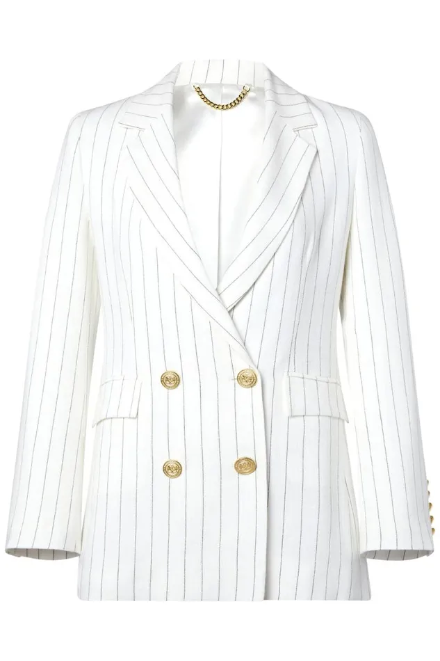 Women In Stock Tailoring Holland Cooper Double Breasted Blazer Oyster Linen Pinstripe