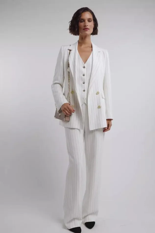 Women In Stock Tailoring Holland Cooper Double Breasted Blazer Oyster Linen Pinstripe
