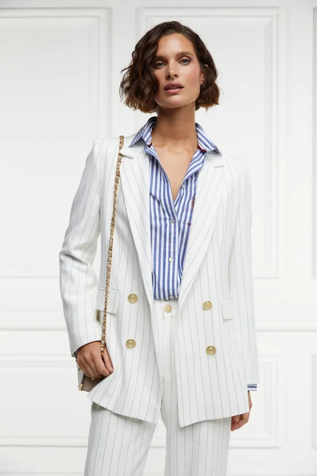 Women In Stock Tailoring Holland Cooper Double Breasted Blazer Oyster Linen Pinstripe