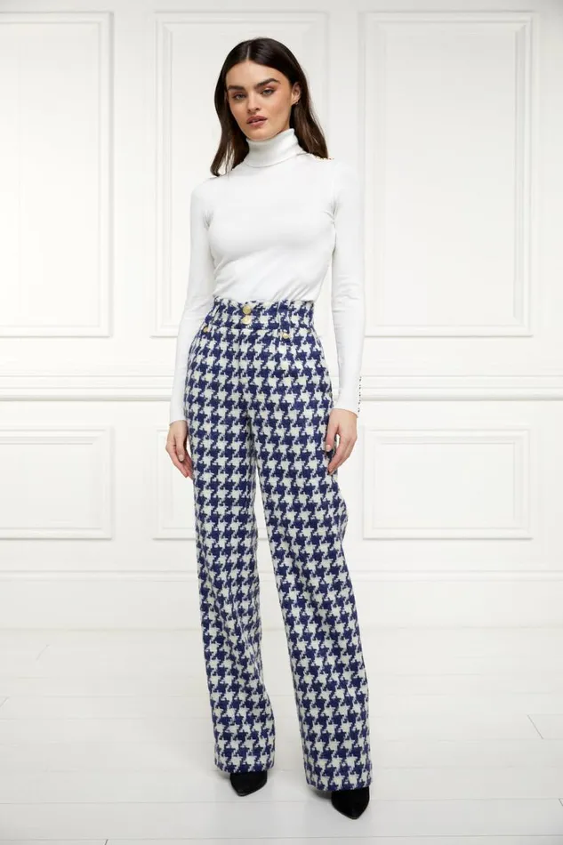 Women In Stock Tailoring Holland Cooper High Waisted Straight Trouser Large Scale Navy Houndstooth Women In Stock Tailoring Holland Cooper High Waisted Straight Trouser Large Scale Navy Houndstooth