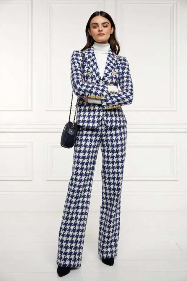 Women In Stock Tailoring Holland Cooper High Waisted Straight Trouser Large Scale Navy Houndstooth Women In Stock Tailoring Holland Cooper High Waisted Straight Trouser Large Scale Navy Houndstooth