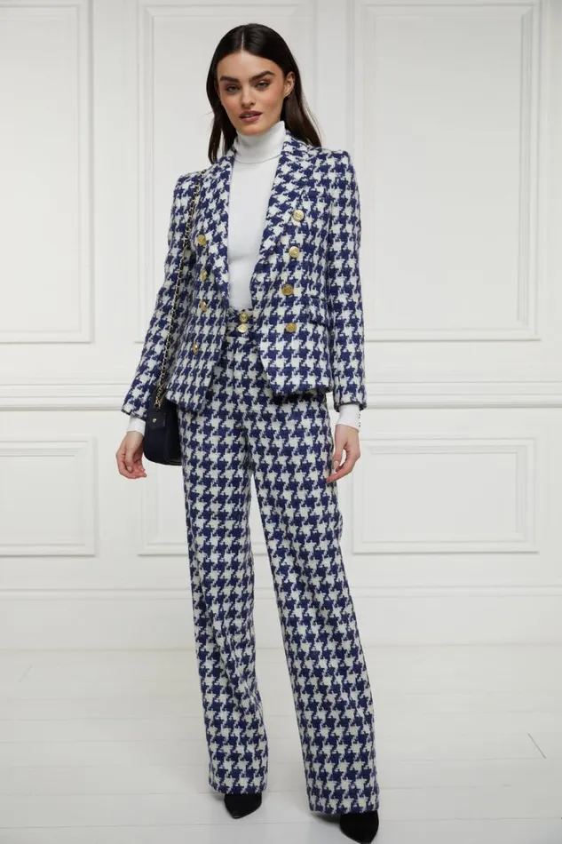 Women In Stock Tailoring Holland Cooper High Waisted Straight Trouser Large Scale Navy Houndstooth Women In Stock Tailoring Holland Cooper High Waisted Straight Trouser Large Scale Navy Houndstooth