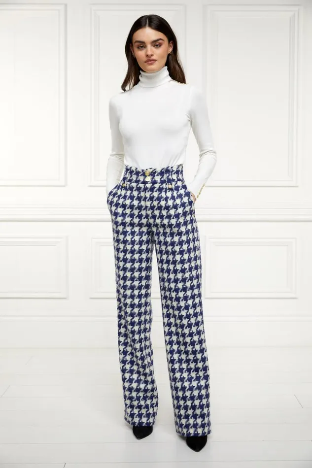 Women In Stock Tailoring Holland Cooper High Waisted Straight Trouser Large Scale Navy Houndstooth Women In Stock Tailoring Holland Cooper High Waisted Straight Trouser Large Scale Navy Houndstooth