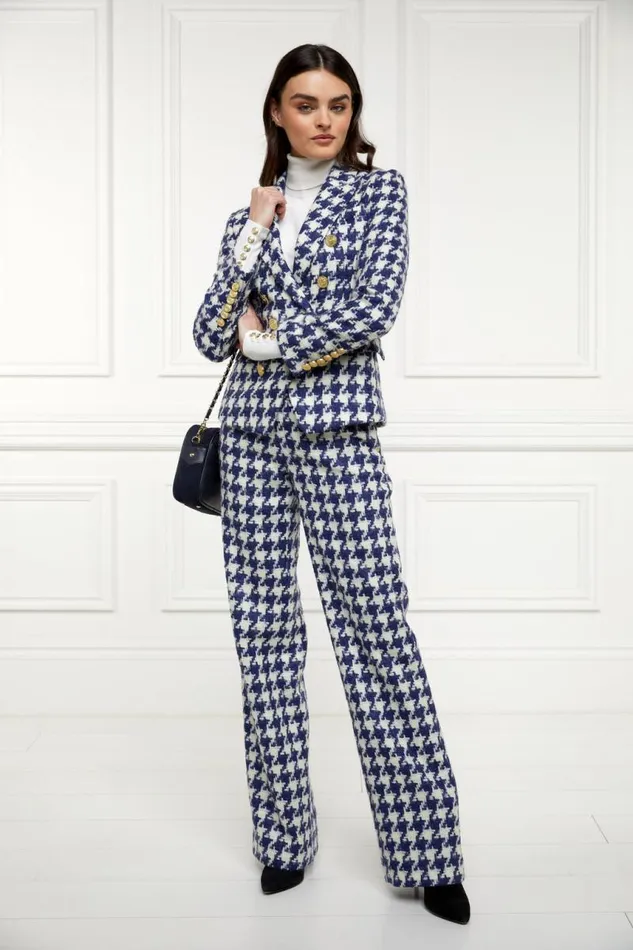 Women In Stock Tailoring Holland Cooper High Waisted Straight Trouser Large Scale Navy Houndstooth Women In Stock Tailoring Holland Cooper High Waisted Straight Trouser Large Scale Navy Houndstooth