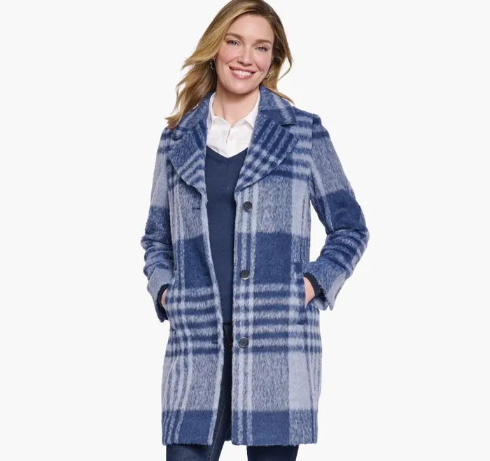 Women Johnston and Murphy Coats Jackets and Vests Brushed Plaid Coat Bluenavy