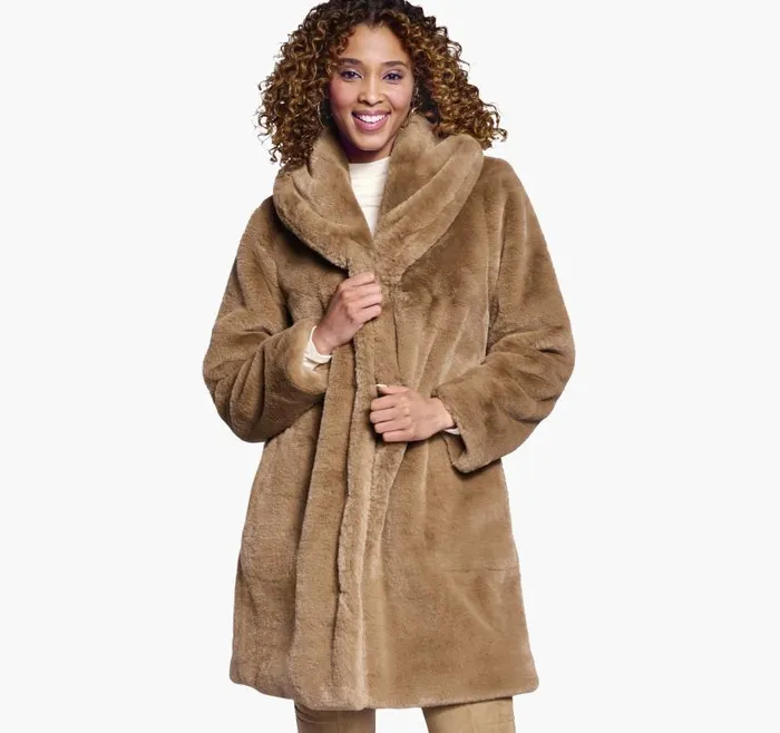 Women Johnston and Murphy Coats Jackets and Vests FauxFur ShawlCollar Coat Camel
