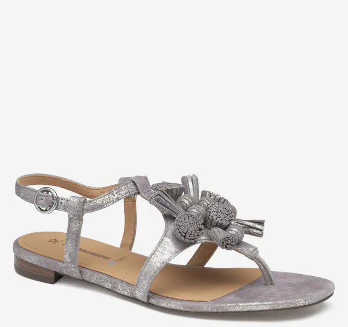 Women Johnston and Murphy Sandals Lilly Tassel Thong Silver Metallic Kid Suede