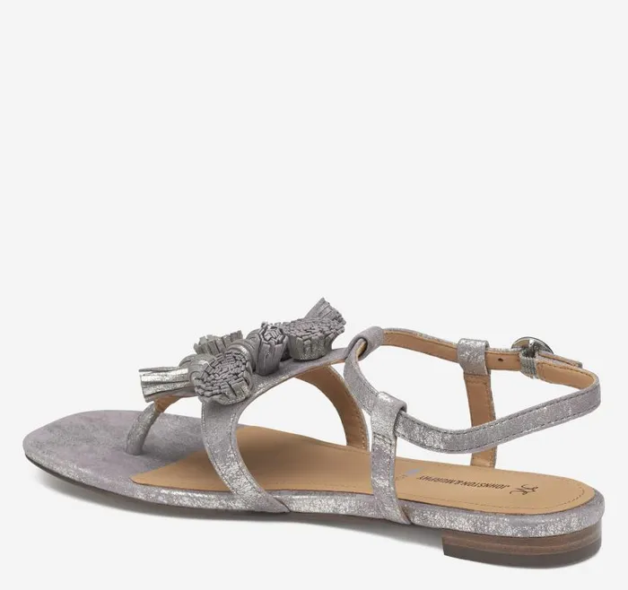Women Johnston and Murphy Sandals Lilly Tassel Thong Silver Metallic Kid Suede Women Johnston and Murphy Sandals Lilly Tassel Thong Silver Metallic Kid Suede