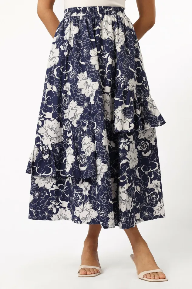 Women Josephine Tiered Midi Skirt Navy Skirts Petal and Pup
