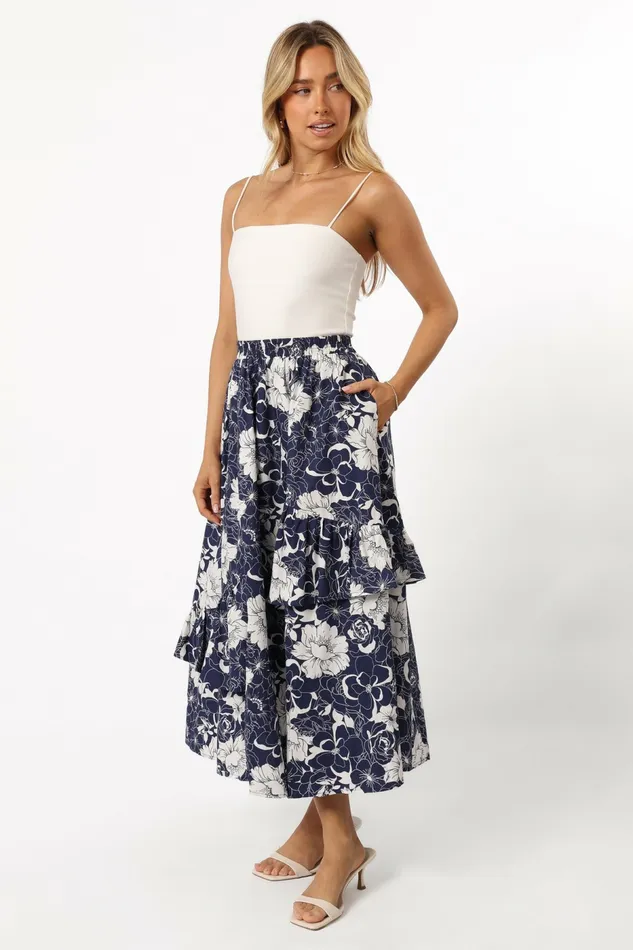 Women Josephine Tiered Midi Skirt Navy Skirts Petal and Pup