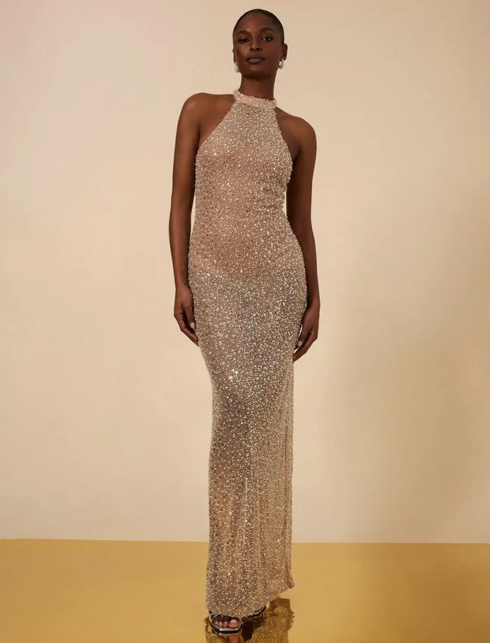 Women Jules Beaded SemiSheer Halter Gown Cafe Au Lait BCBG Dresses