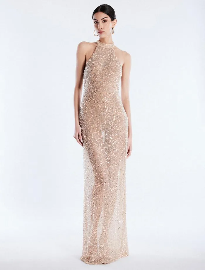 Women Jules Beaded SemiSheer Halter Gown Cafe Au Lait BCBG Dresses Women Jules Beaded SemiSheer Halter Gown Cafe Au Lait BCBG Dresses
