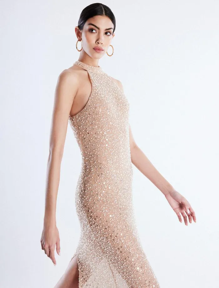 Women Jules Beaded SemiSheer Halter Gown Cafe Au Lait BCBG Dresses Women Jules Beaded SemiSheer Halter Gown Cafe Au Lait BCBG Dresses