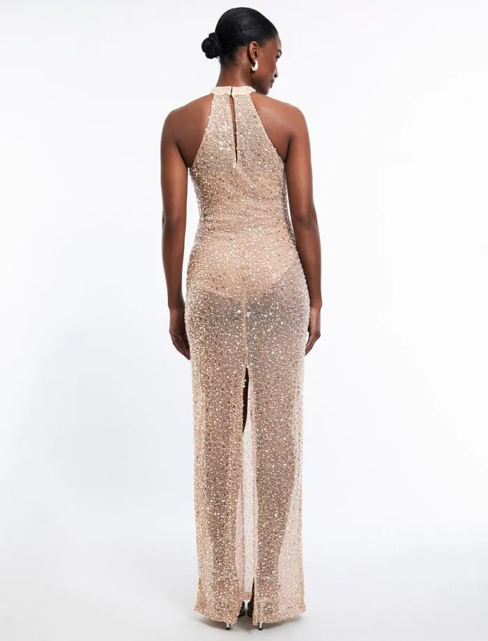 Women Jules Beaded SemiSheer Halter Gown Cafe Au Lait BCBG Dresses Women Jules Beaded SemiSheer Halter Gown Cafe Au Lait BCBG Dresses