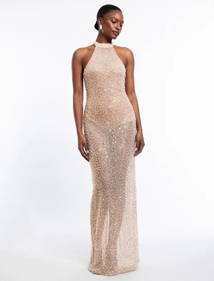 Women Jules Beaded SemiSheer Halter Gown Cafe Au Lait BCBG Dresses Women Jules Beaded SemiSheer Halter Gown Cafe Au Lait BCBG Dresses