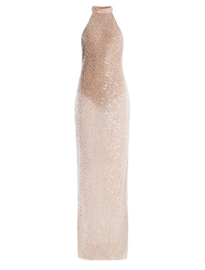 Women Jules Beaded SemiSheer Halter Gown Cafe Au Lait BCBG Dresses Women Jules Beaded SemiSheer Halter Gown Cafe Au Lait BCBG Dresses