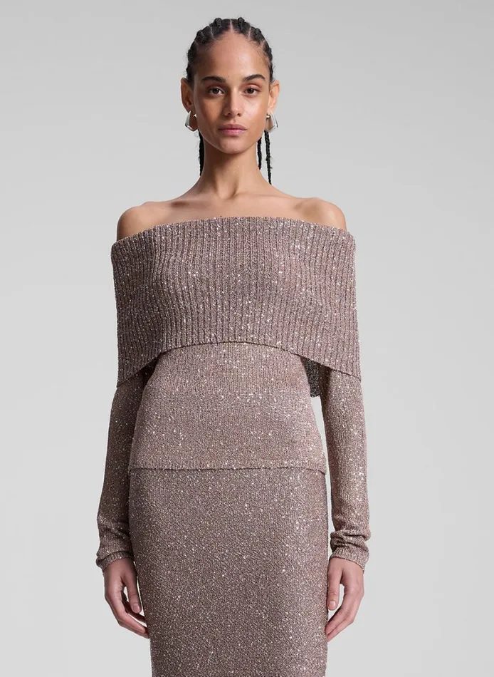 Women Knitwear ALC Evelyn Metallic Knit Off Shoulder Top Mauvesilver