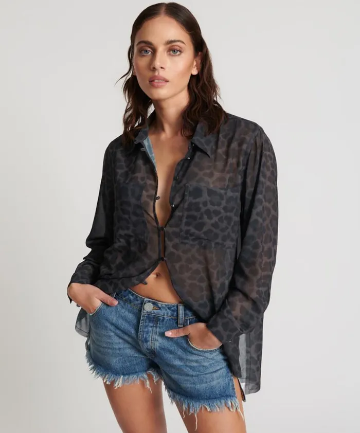Women LEOPARD CHIFFON LONGLINE SHIRT One Teaspoon Shirts