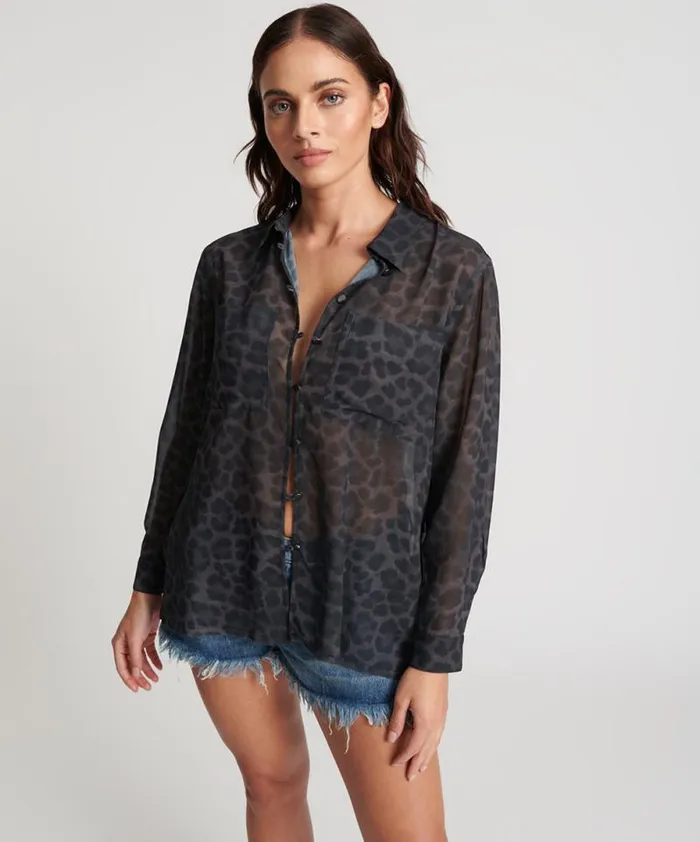 Women LEOPARD CHIFFON LONGLINE SHIRT One Teaspoon Shirts