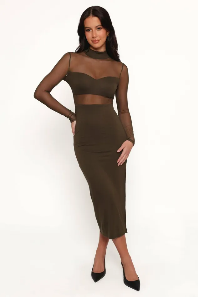 Women Long Sleeve Dresses Petal and Pup Farrow Long Sleeve Midi Dress Olive